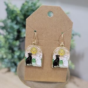 New 18k Gold Plated The Sun Tarot Card Celestial Pair Cats Enamel Earrings Gift